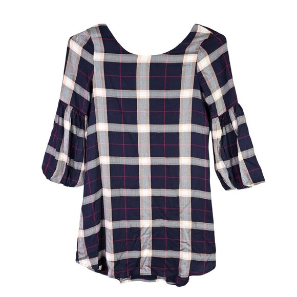 Womens Copper Key Blue Red Plaid Tunic Dress 3/4 Sleeve Round Neck Size XS - Picture 1 of 10